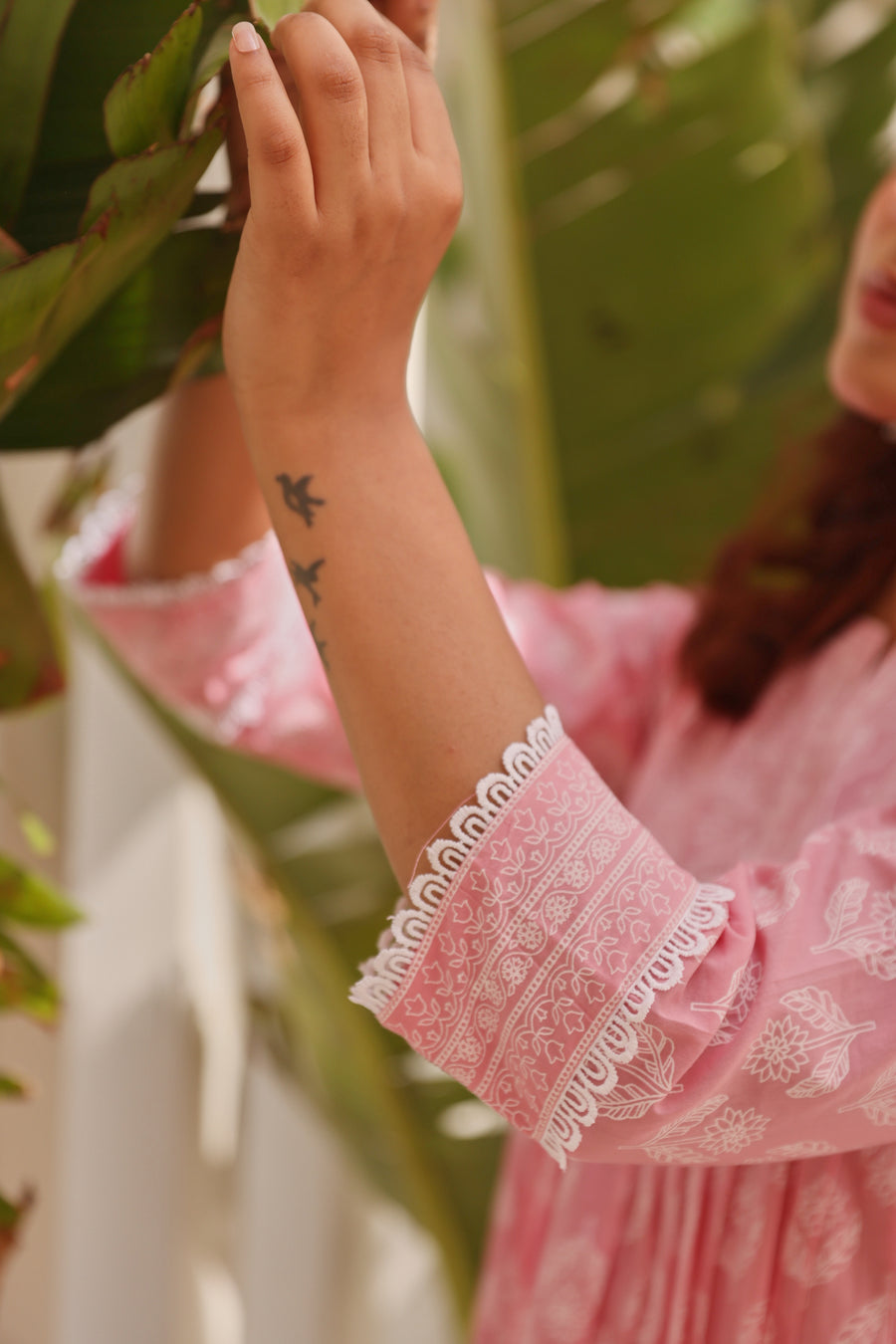 Pink Chunakhari Printed Cotton Kurta Set with Lace Work