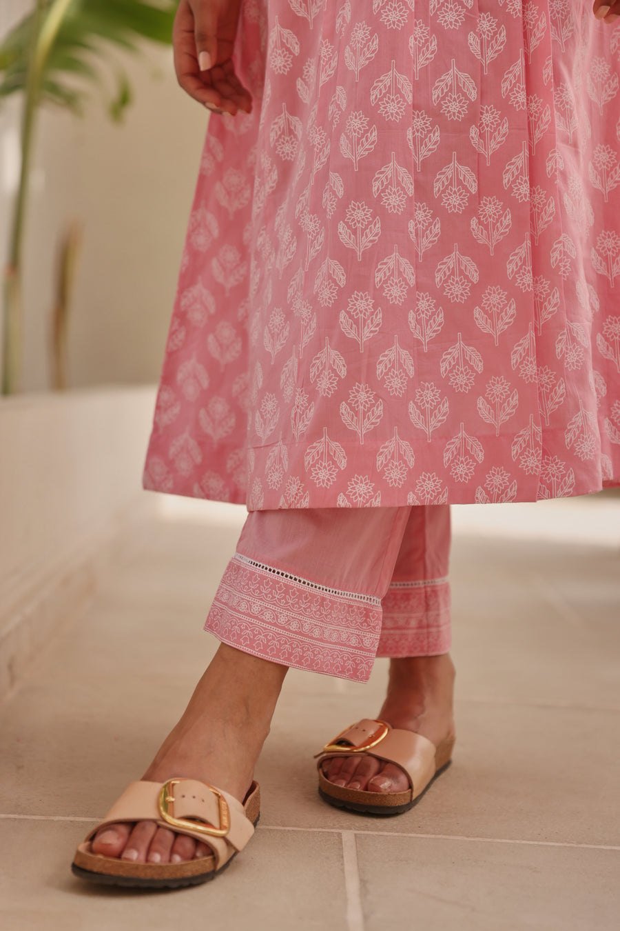 Pink Chunakhari Printed Cotton Kurta Set with Lace Work