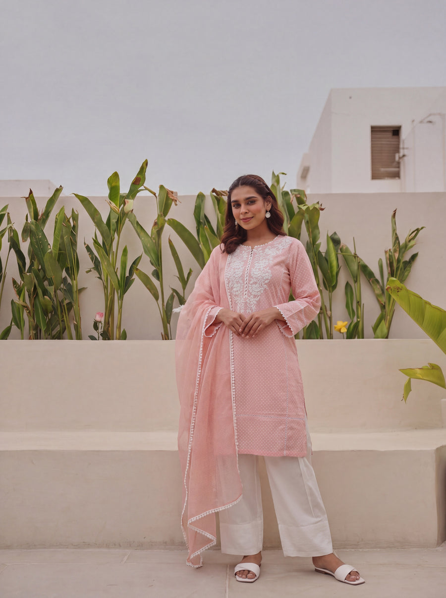Peach Cotton Suit Set with Embroidered Kurta and Farshi White Salwar Set with Kota Doria Dupatta