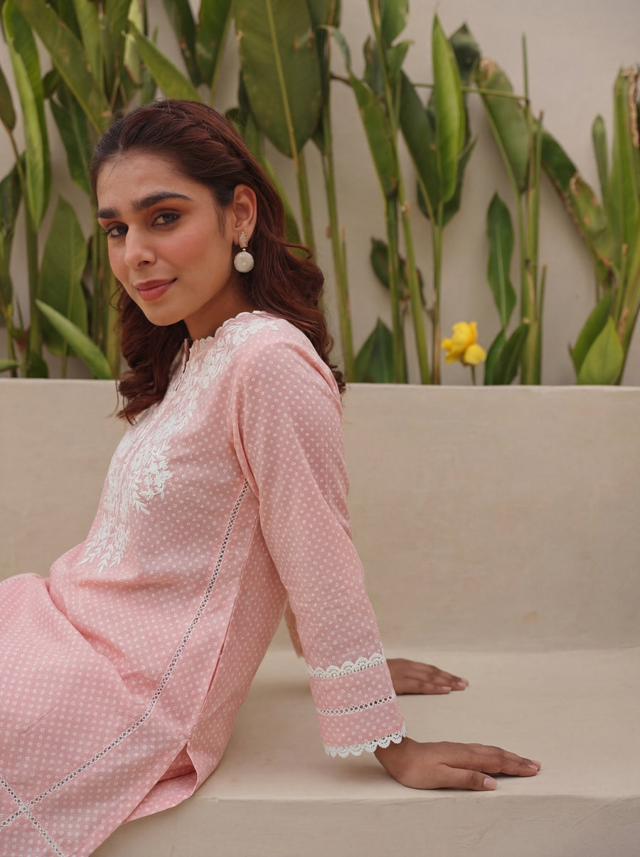 Peach Cotton Suit Set with Embroidered Kurta and Farshi White Salwar Set with Kota Doria Dupatta