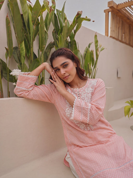 Peach Cotton Suit Set with Embroidered Kurta and Farshi White Salwar Set with Kota Doria Dupatta