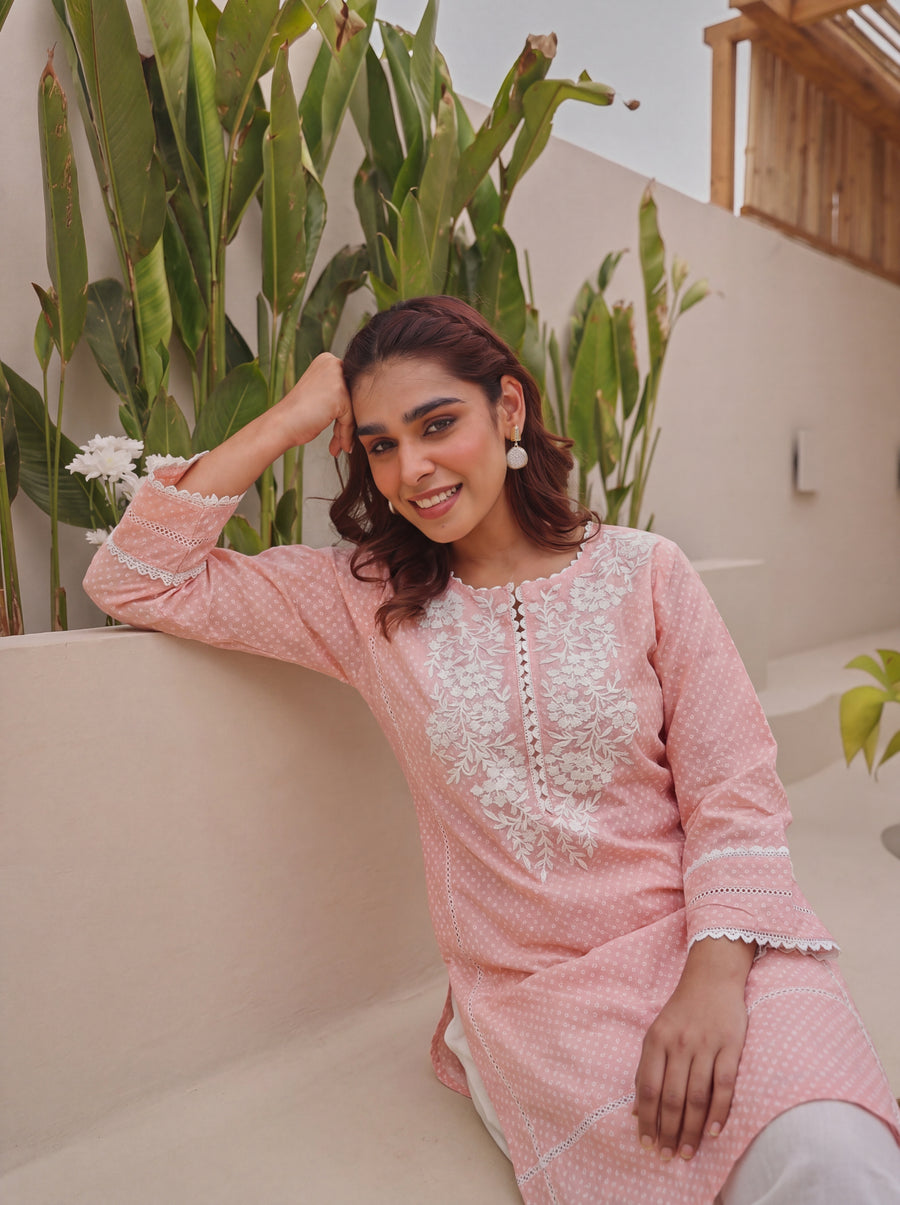 Peach Cotton Suit Set with Embroidered Kurta and Farshi White Salwar Set with Kota Doria Dupatta
