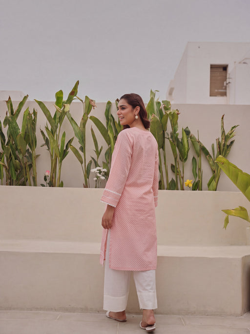 Peach Cotton Embroidered Kurta with Farshi White Salwar Set