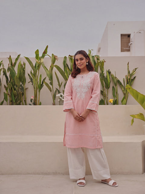Peach Cotton Embroidered Kurta with Farshi White Salwar Set