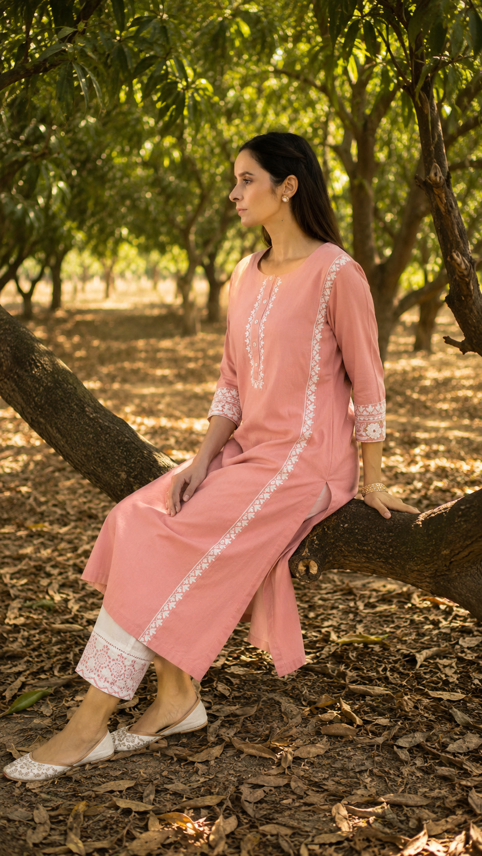 Rose Pink Aari Embroidered Straight Kurta with Pant