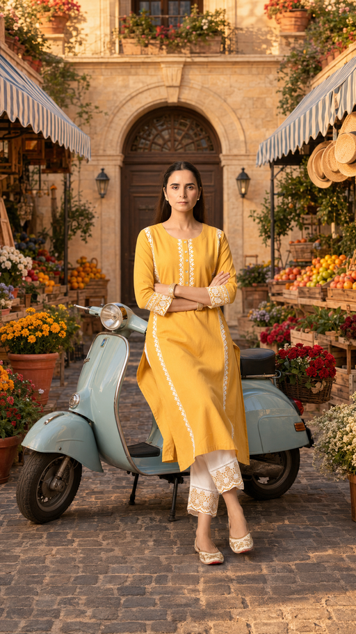 Mustard Aari Embroidered Straight Kurta with Pant