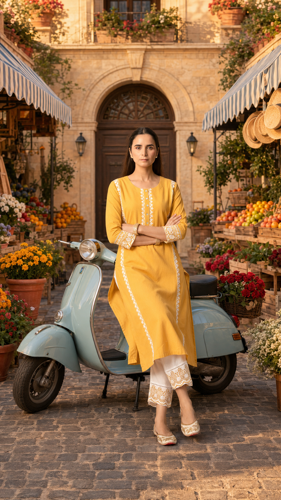 Mustard Aari Embroidered Straight Kurta with Pant