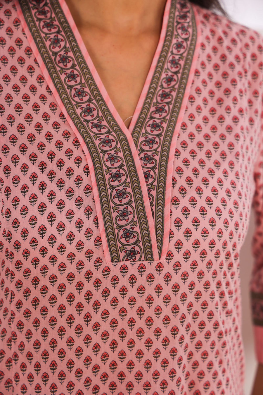 Pink Cotton Comfort Fit A-Line Kurta with Printed Cotton Pants