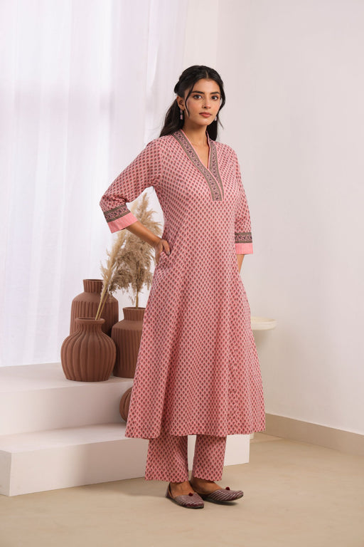 Pink Cotton Comfort Fit A-Line Kurta with Printed Cotton Pants