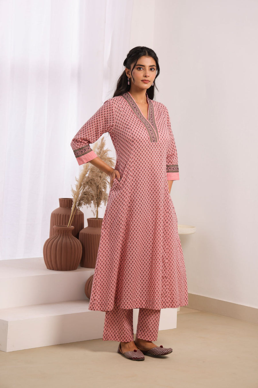 Pink Cotton Comfort Fit A-Line Kurta with Printed Cotton Pants