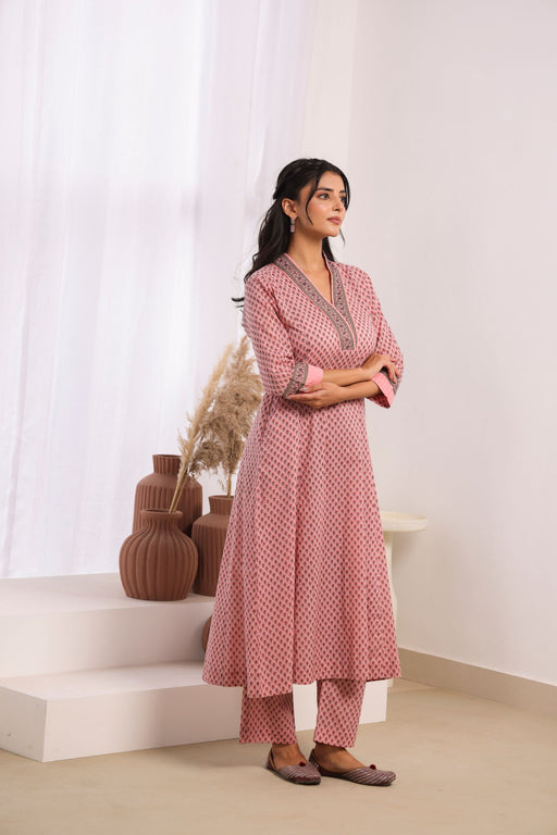 Pink Cotton Comfort Fit A-Line Kurta with Printed Cotton Pants