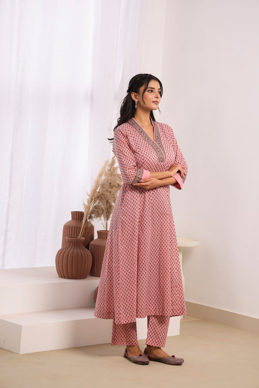 Pink Cotton Comfort Fit A-Line Kurta with Printed Cotton Pants