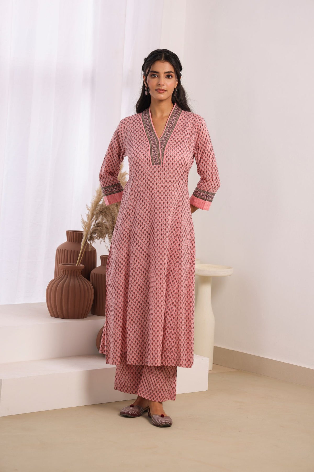 Pink Cotton Comfort Fit A-Line Kurta with Printed Cotton Pants
