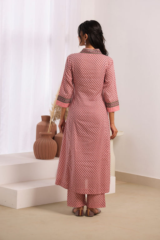 Pink Cotton Comfort Fit A-Line Kurta with Printed Cotton Pants