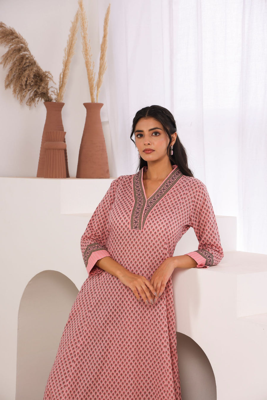 Pink Cotton Comfort Fit A-Line Kurta with Printed Cotton Pants