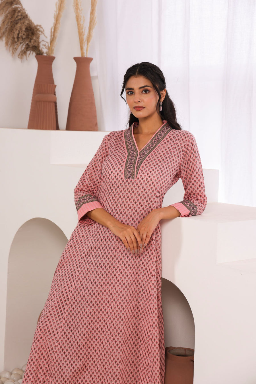 Pink Cotton Comfort Fit A-Line Kurta with Printed Cotton Pants