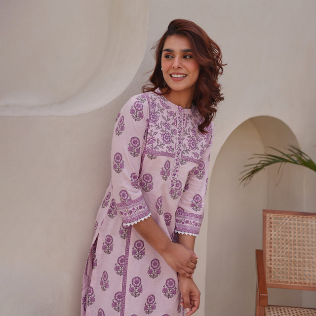 Lavender Printed Cotton Kurta Set with Lace & Sequin Work