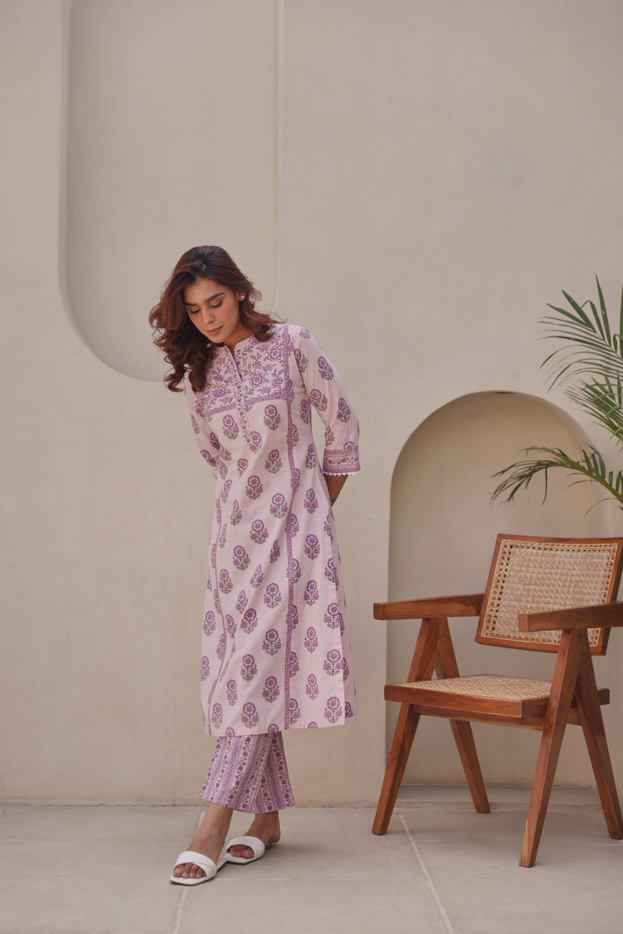 Lavender Printed Cotton Kurta Set with Lace & Sequin Work