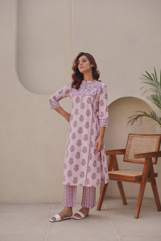 Lavender Printed Cotton Kurta Set with Lace & Sequin Work