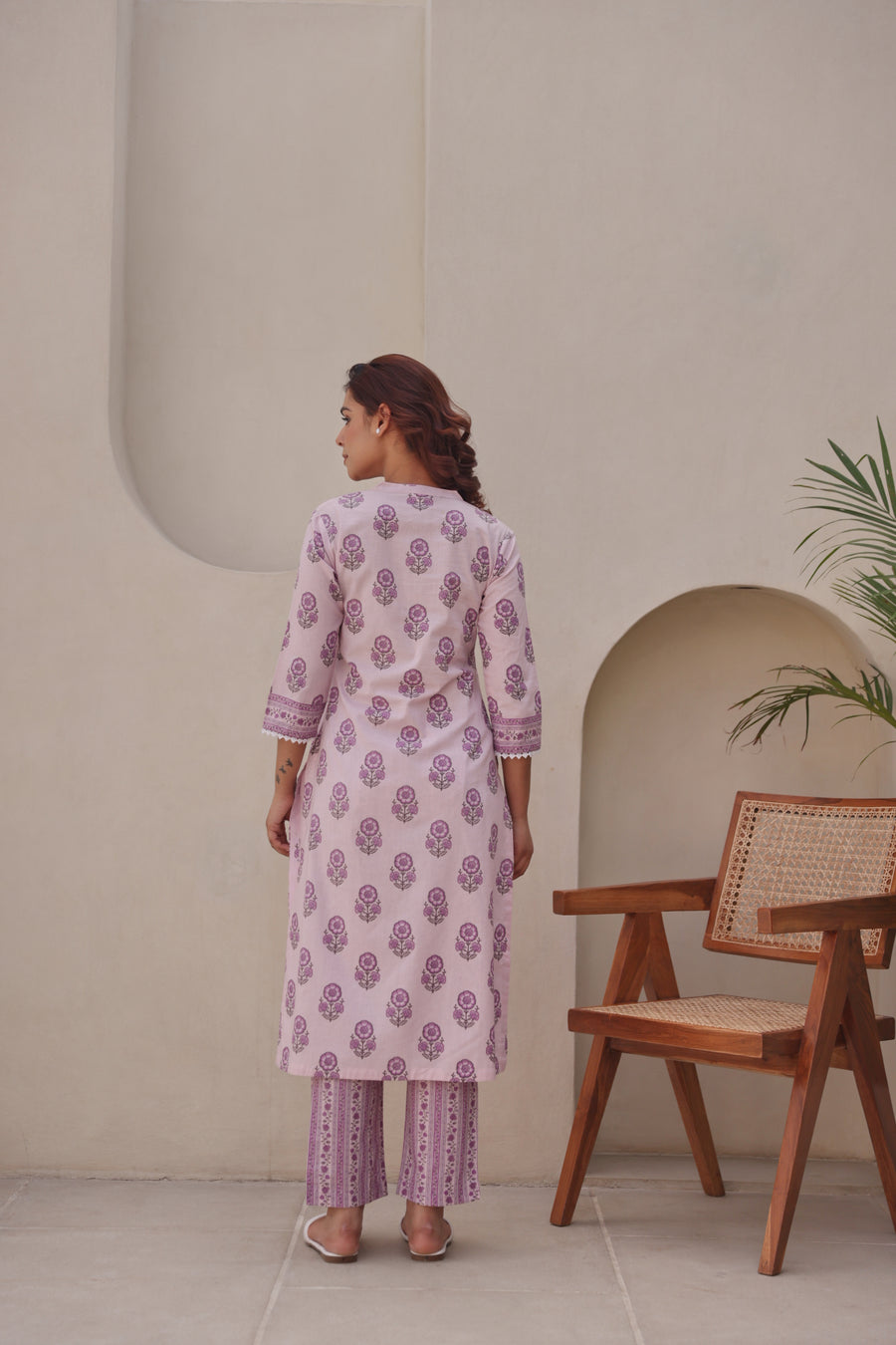 Lavender Printed Cotton Kurta Set with Lace & Sequin Work