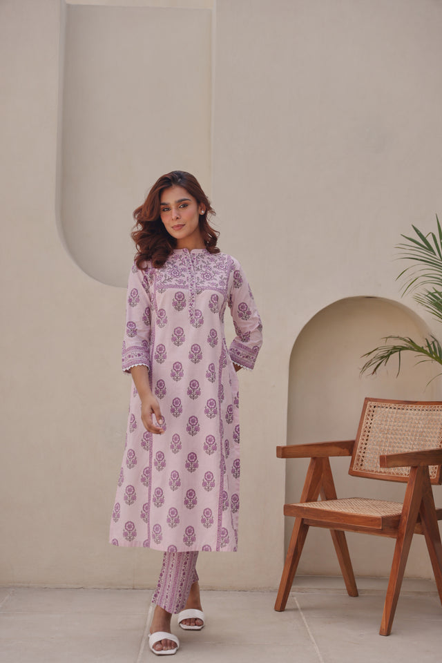Lavender Printed Cotton Kurta Set with Lace & Sequin Work