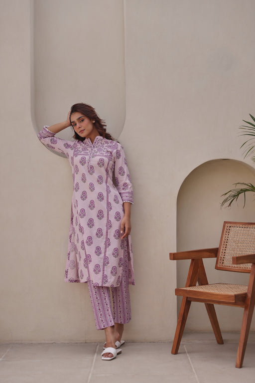 Lavender Printed Cotton Kurta Set with Lace & Sequin Work