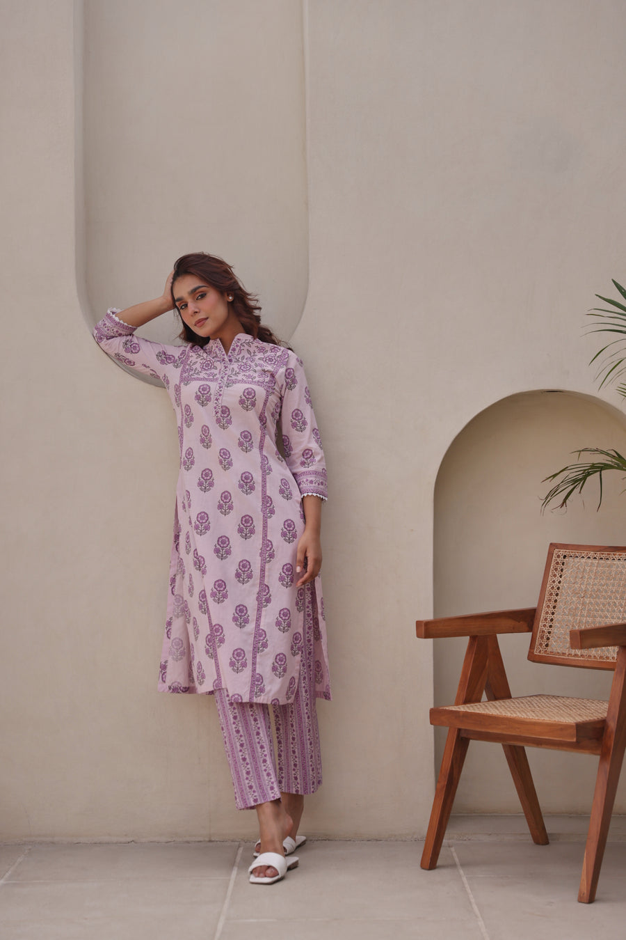 Lavender Printed Cotton Kurta Set with Lace & Sequin Work