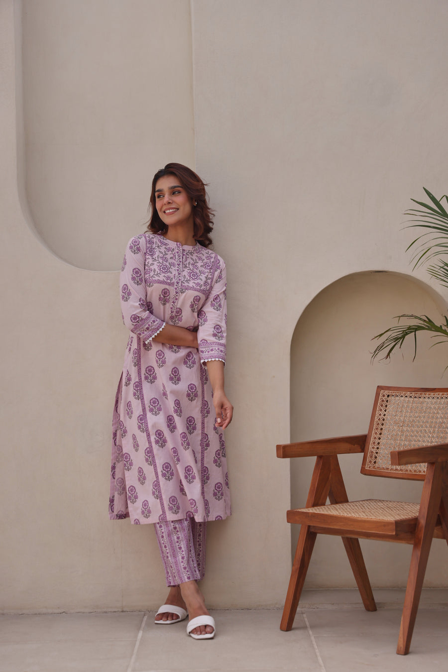 Lavender Printed Cotton Kurta Set with Lace & Sequin Work