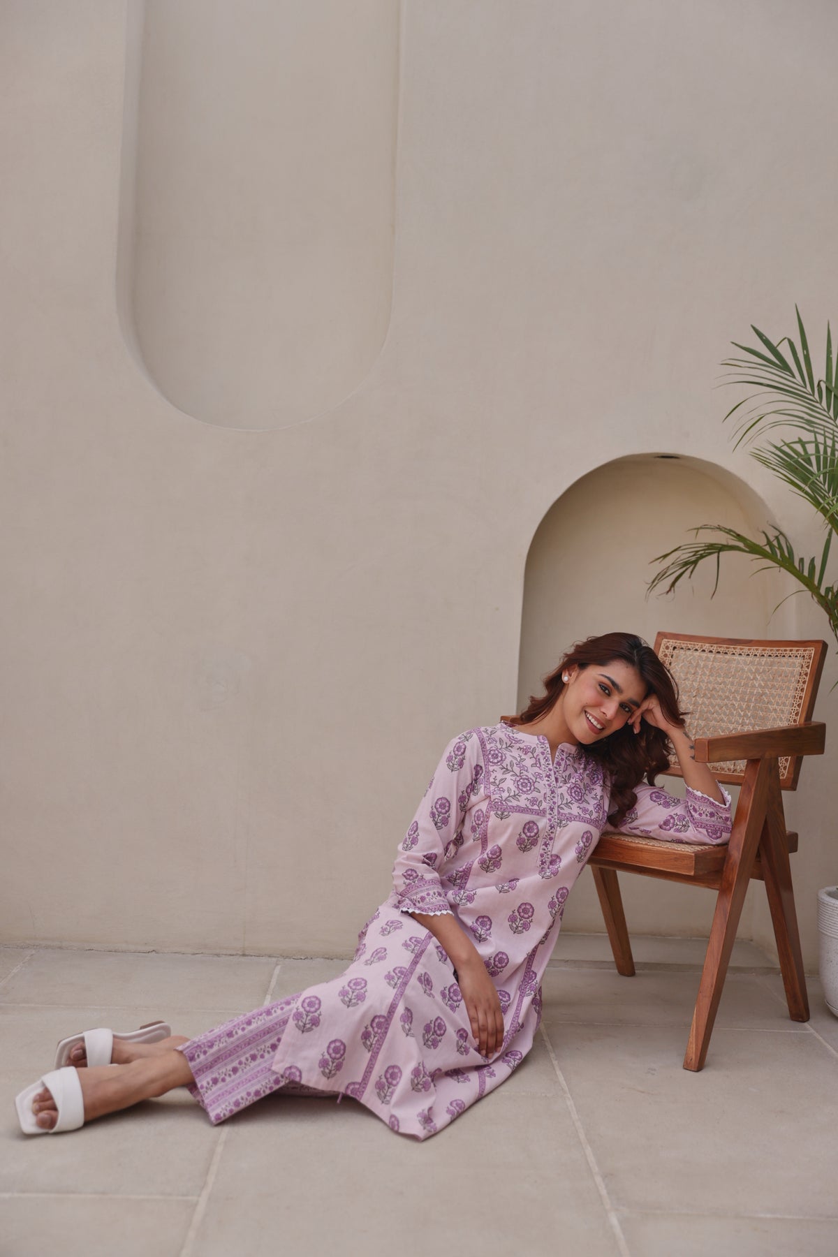 Lavender Printed Cotton Kurta Set with Lace & Sequin Work