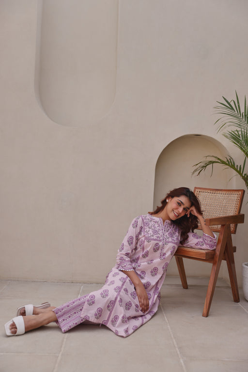 Lavender Printed Cotton Kurta Set with Lace & Sequin Work
