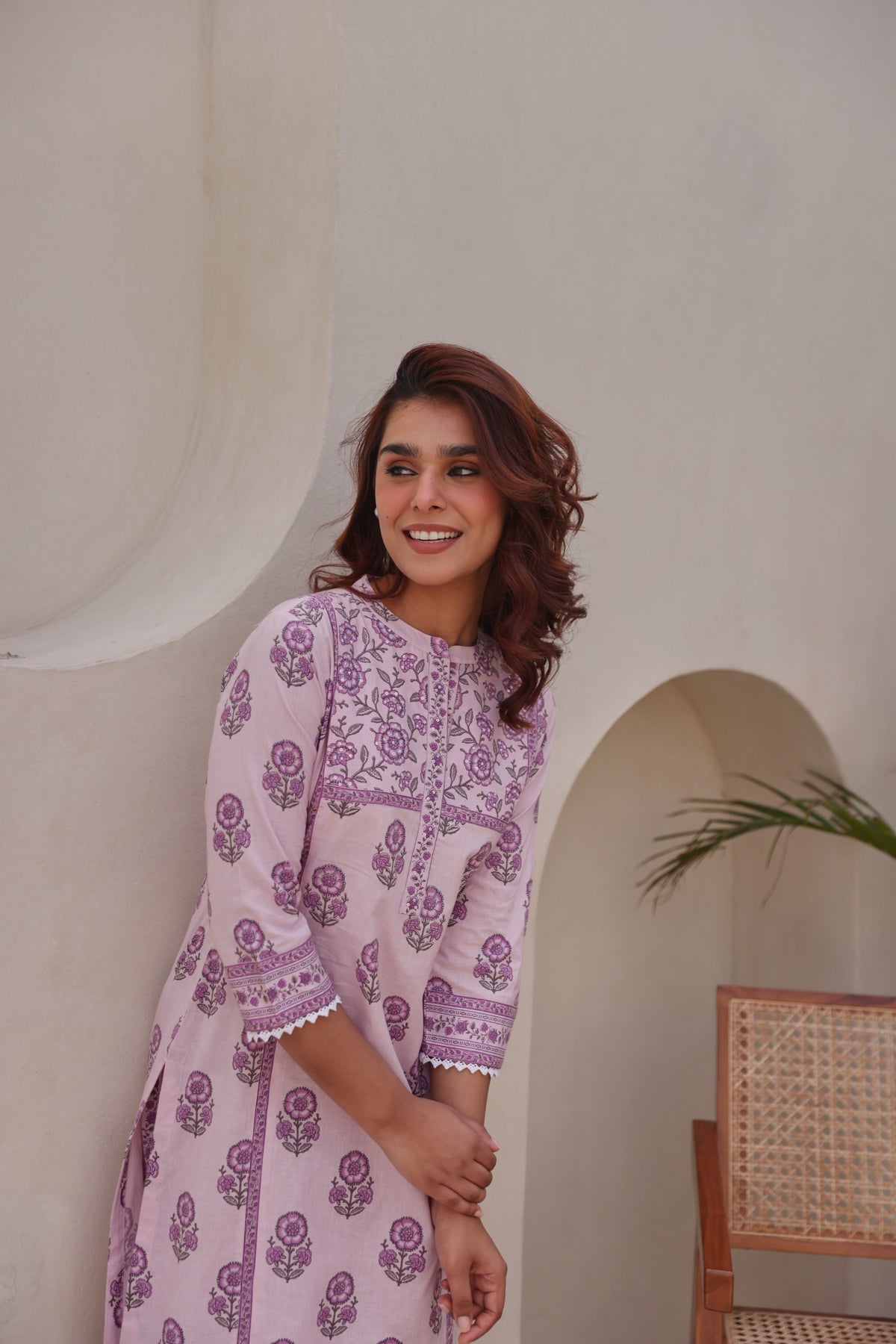Lavender Printed Cotton Kurta Set with Lace & Sequin Work