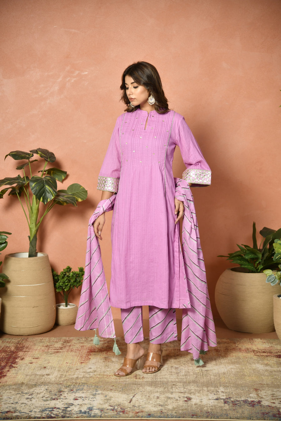 Purple festive embroidered cotton suit set - front view - EKOHUM