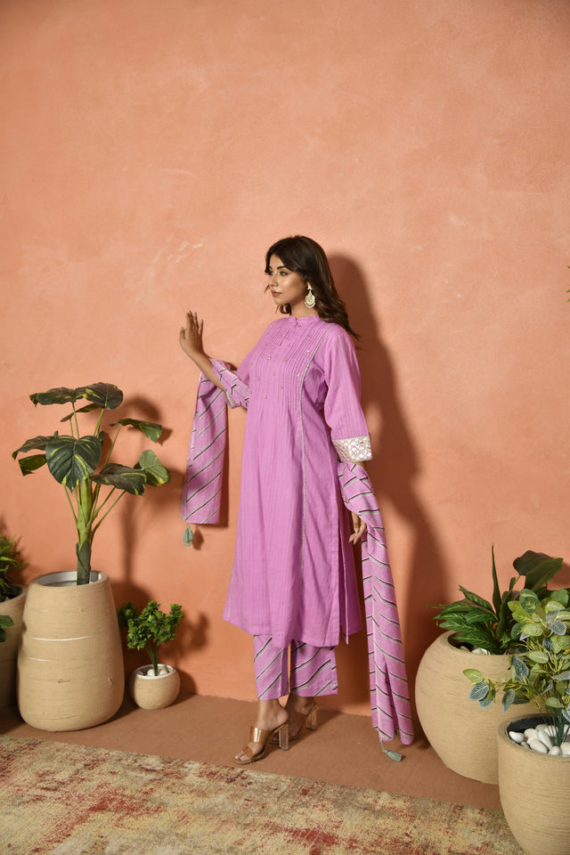 Purple Embroidered Cotton Suit Set with Dupatta