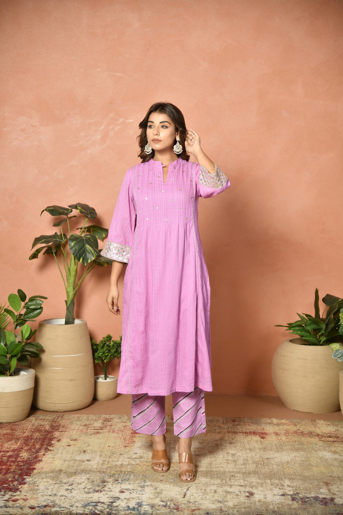 Purple festive embroidered cotton suit set - fabric detail - EKOHUM