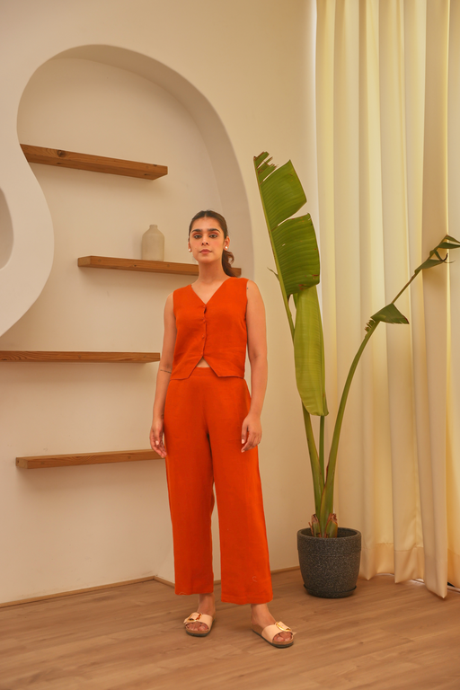 Rust 100% Linen Cropped Vest & Wide Leg Pant Co-Ord