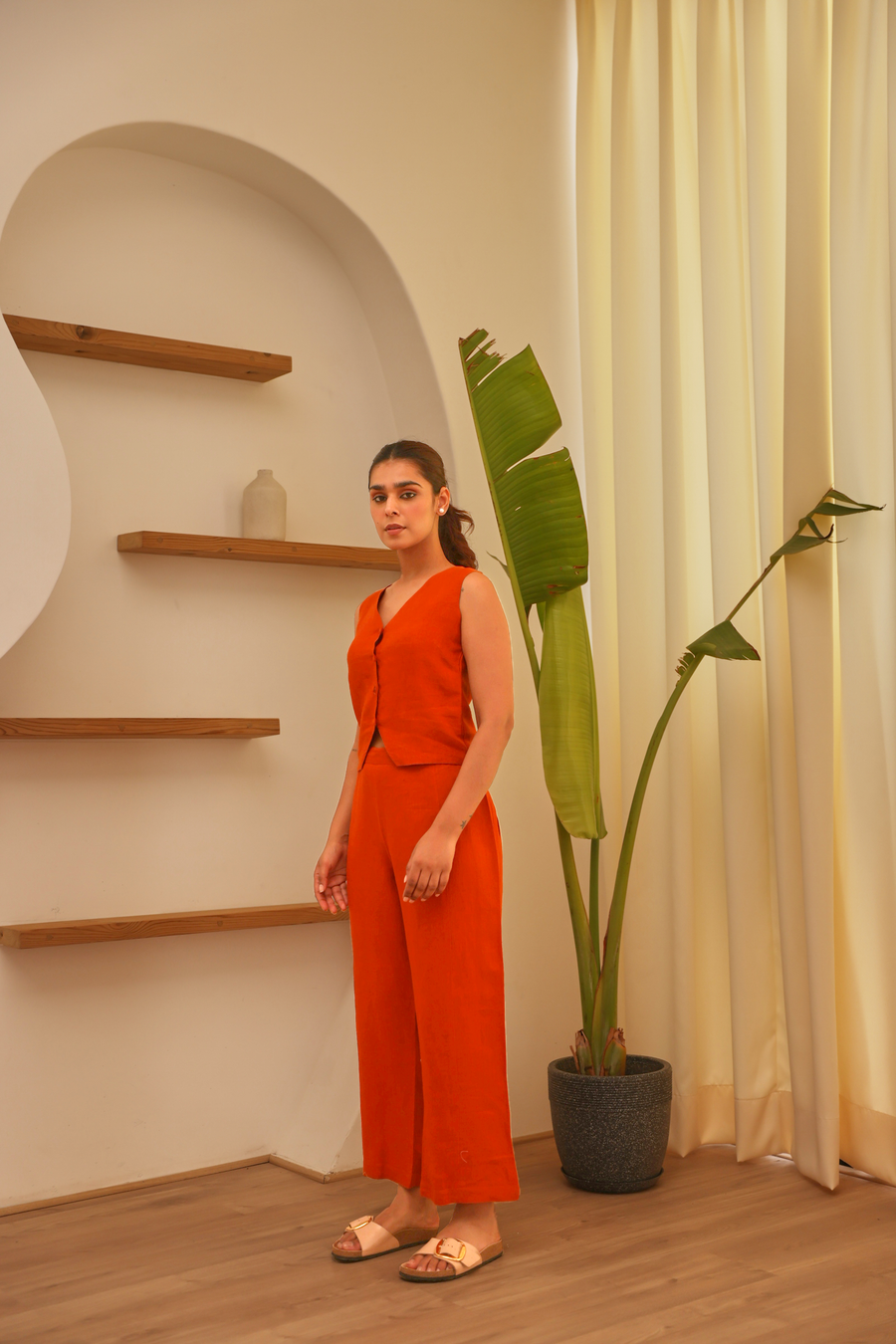 Rust 100% Linen Cropped Vest & Wide Leg Pant Co-Ord