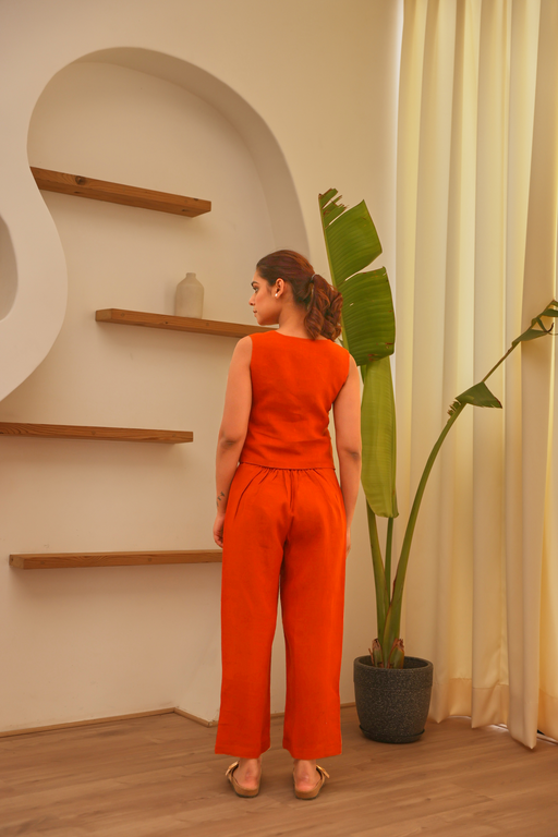 Rust 100% Linen Cropped Vest & Wide Leg Pant Co-Ord