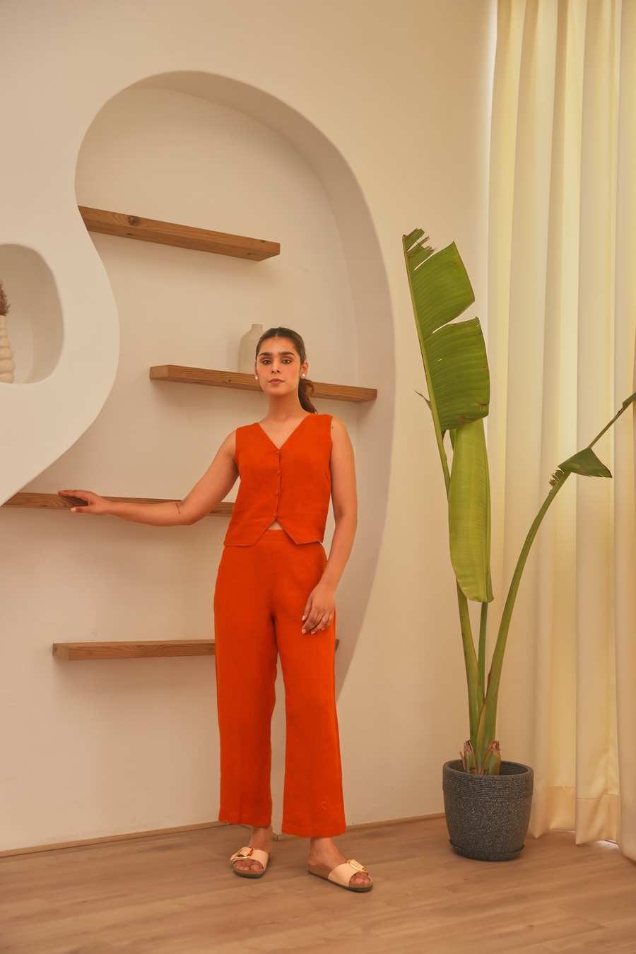 Rust 100% Linen Cropped Vest & Wide Leg Pant Co-Ord