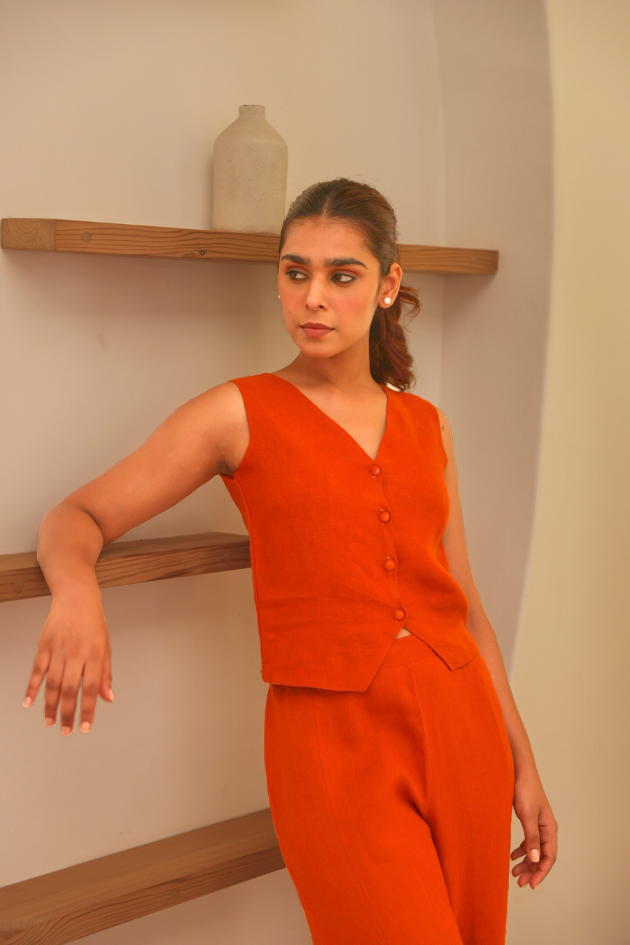 Rust 100% Linen Cropped Vest & Wide Leg Pant Co-Ord