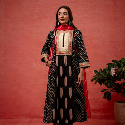Black Cotton Suit Set Zari Sequin Work & Kota Doria Dupatta