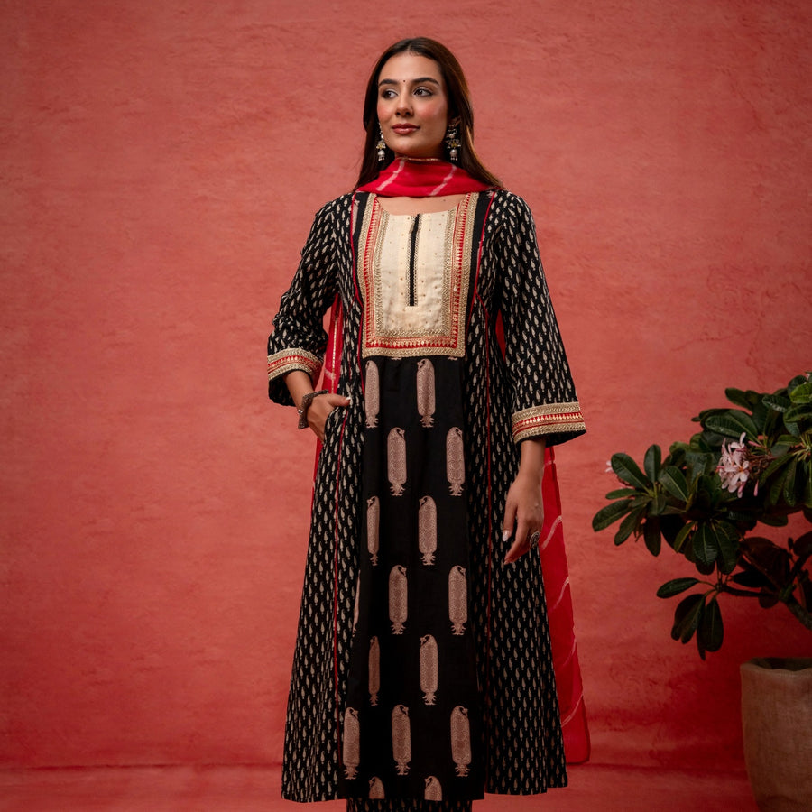 Black Cotton Suit Set Zari Sequin Work & Kota Doria Dupatta