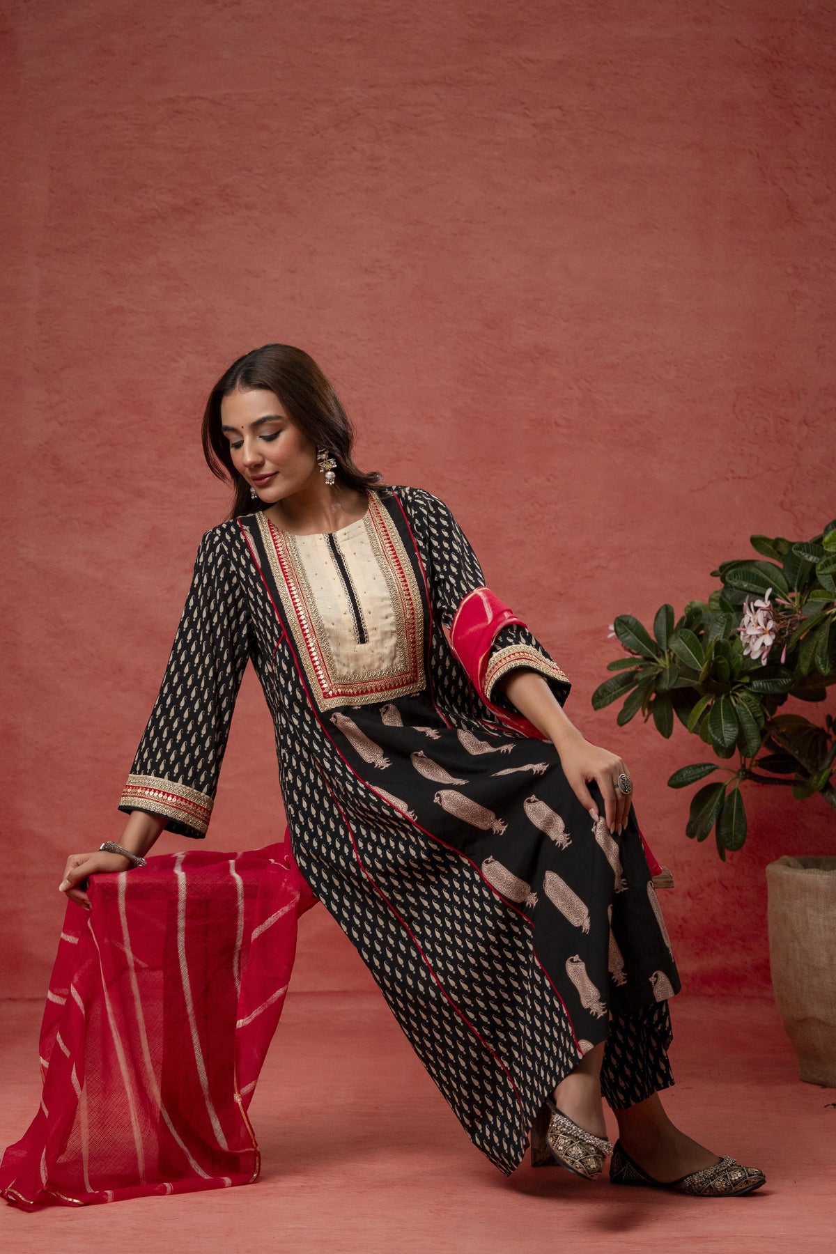 Black Cotton Suit Set Zari Sequin Work & Kota Doria Dupatta