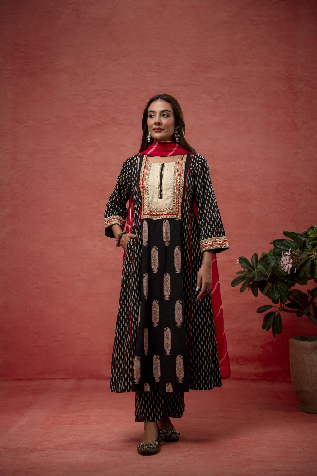 Black Cotton Suit Set Zari Sequin Work & Kota Doria Dupatta
