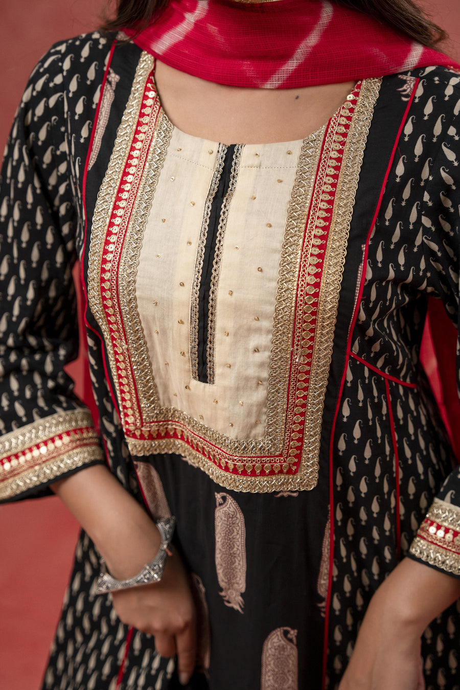 Black Cotton Suit Set Zari Sequin Work & Kota Doria Dupatta