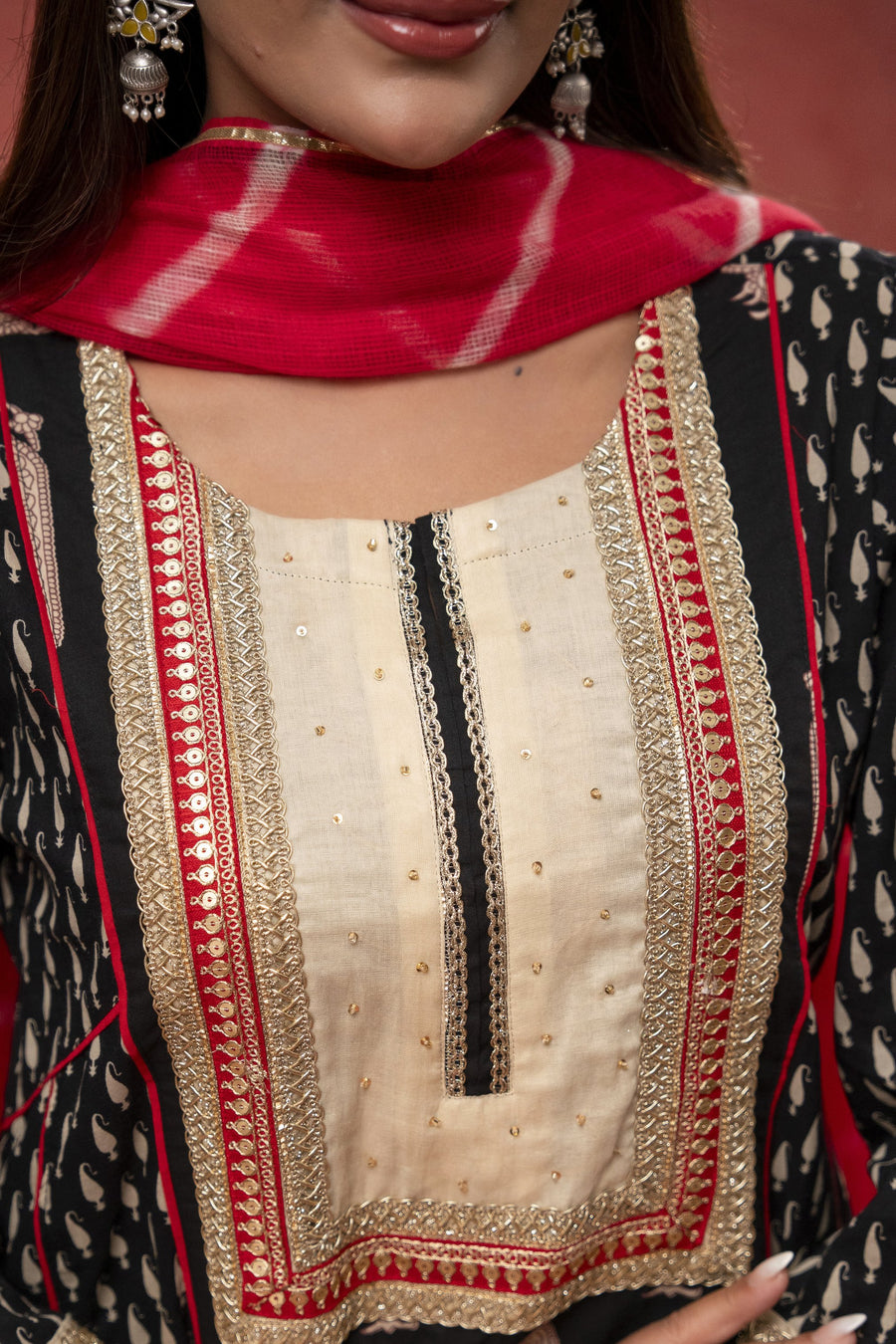 Black Cotton Suit Set Zari Sequin Work & Kota Doria Dupatta