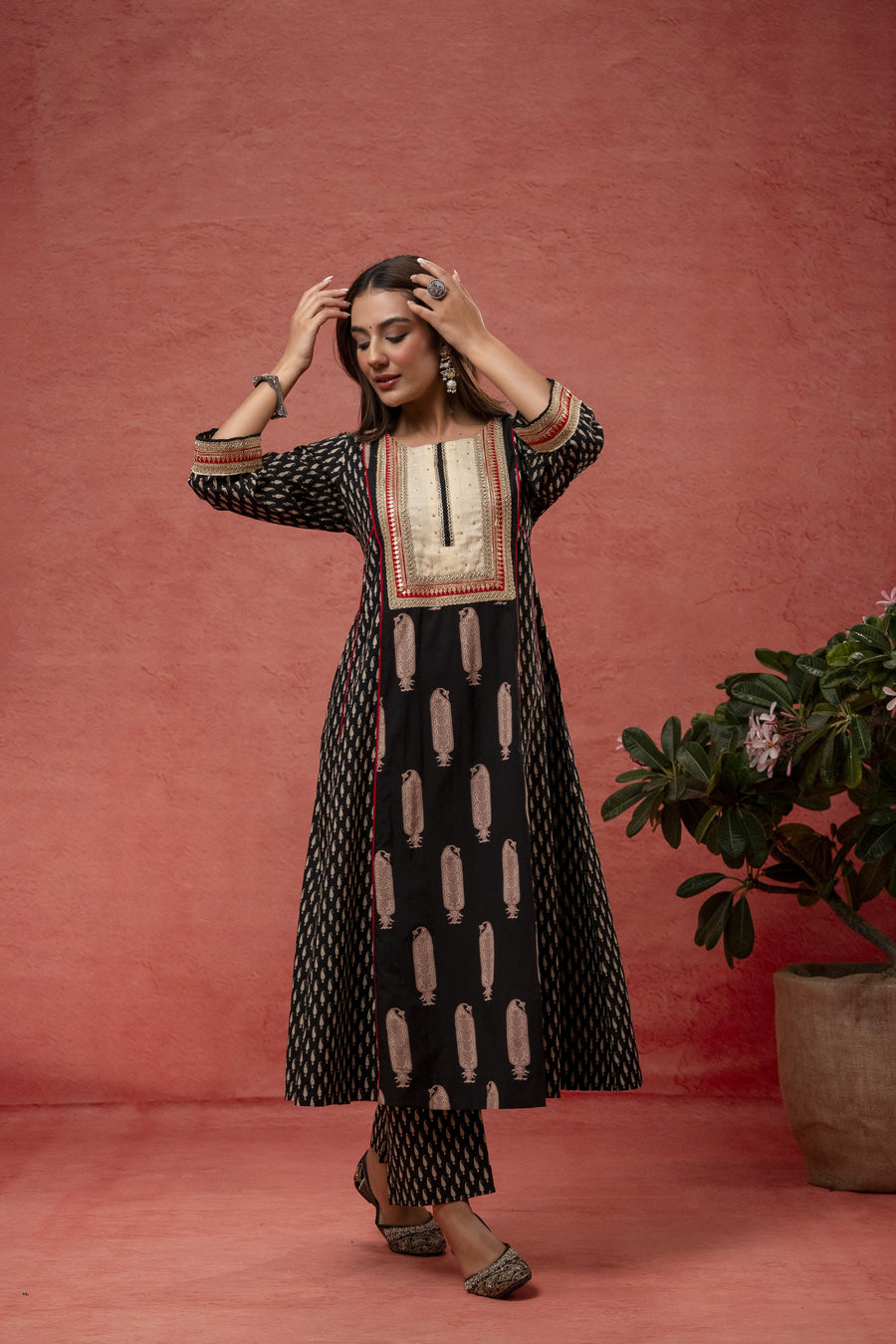 Black Cotton Suit Set Zari Sequin Work & Kota Doria Dupatta