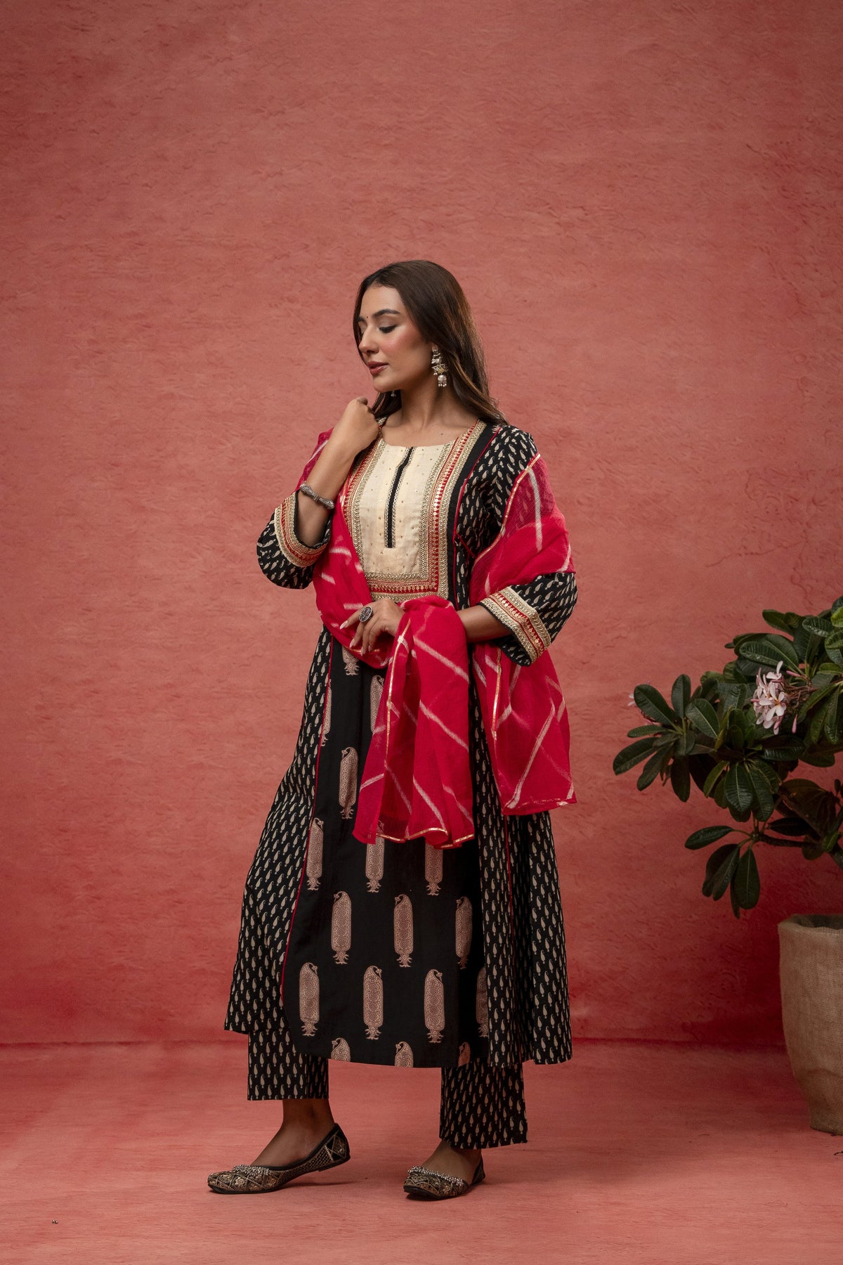 Black Cotton Suit Set Zari Sequin Work & Kota Doria Dupatta