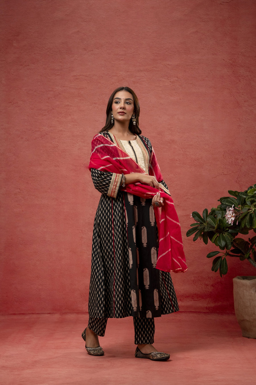 Black Cotton Suit Set Zari Sequin Work & Kota Doria Dupatta