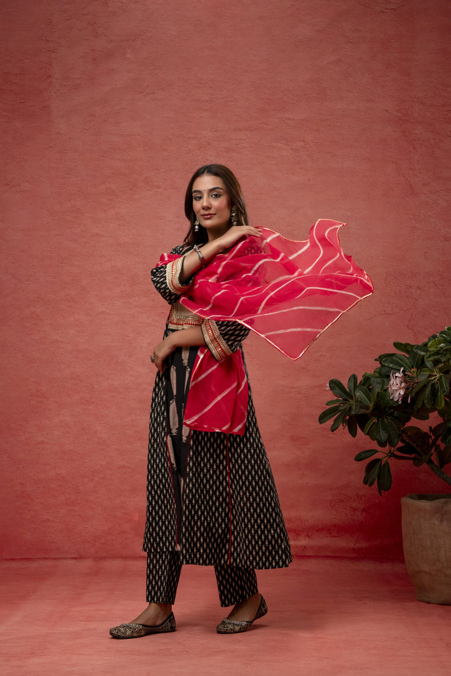 Black Cotton Suit Set Zari Sequin Work & Kota Doria Dupatta