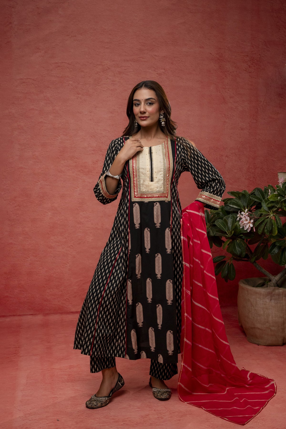 Black Cotton Suit Set Zari Sequin Work & Kota Doria Dupatta